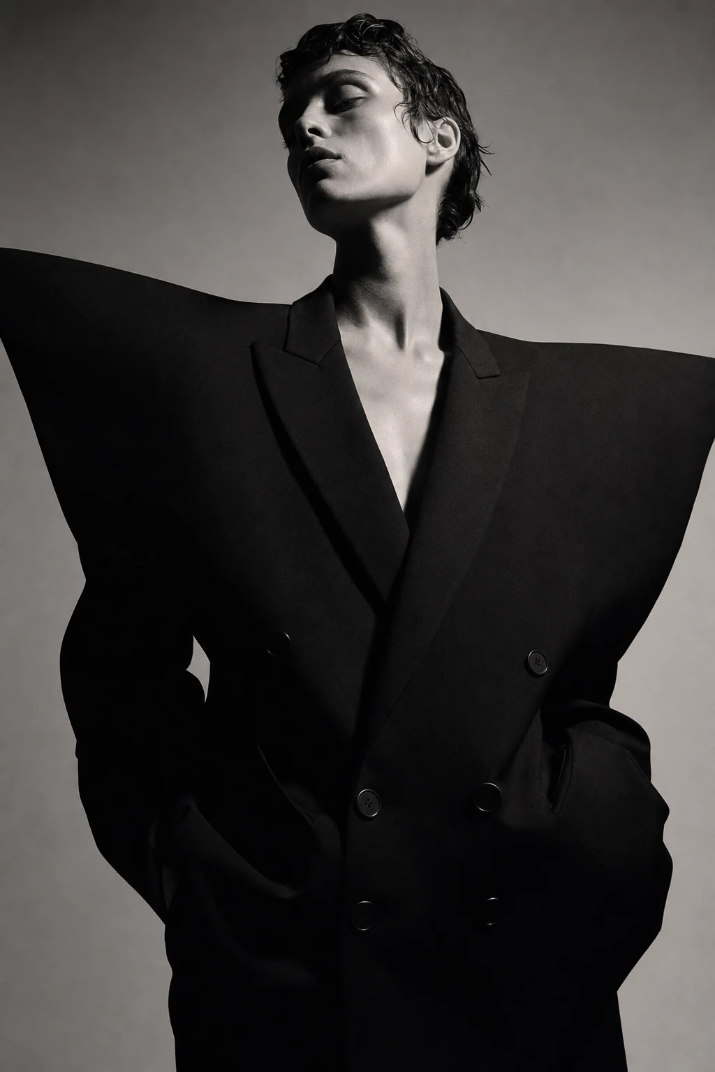 Look II — an exaggerated black double-breasted blazer with razor-sharp padded shoulders and a deep neckline.