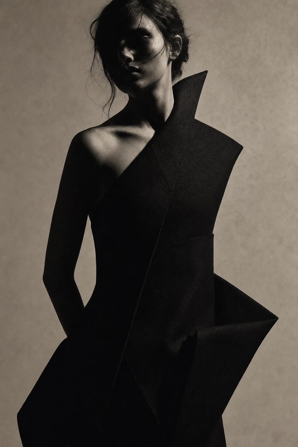 Look IV — an asymmetric black felted panel dress with one bare shoulder and a sweeping folded panel across the torso.