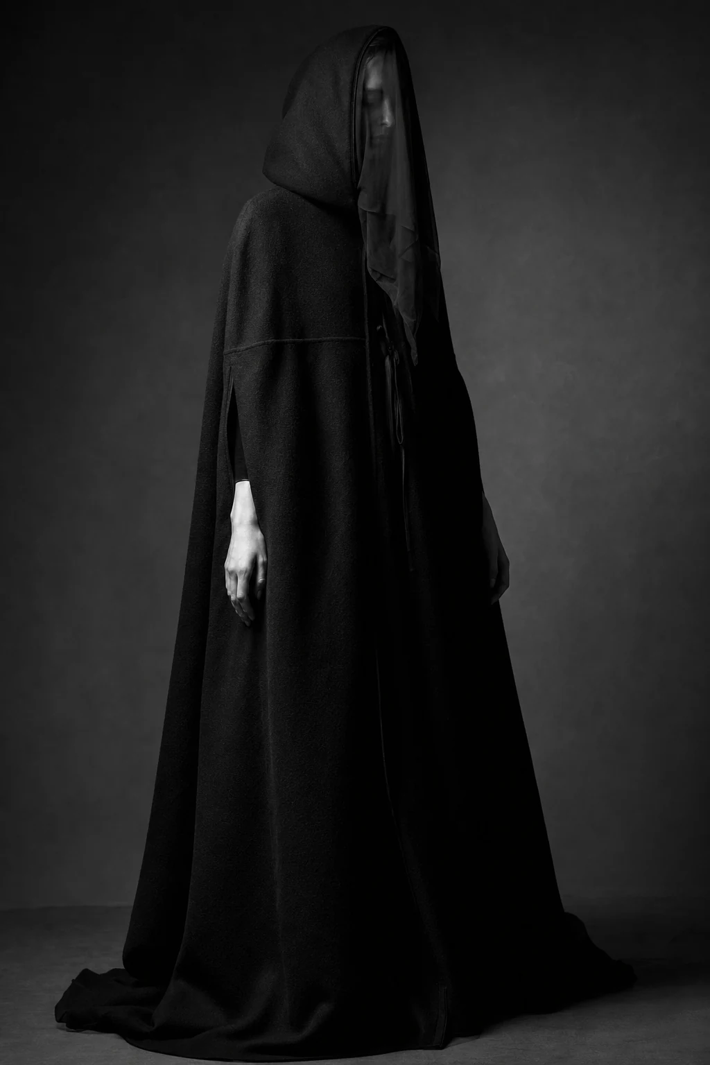 Look V — a floor-length hooded black wool cape with a sheer veil obscuring the face in shadow.