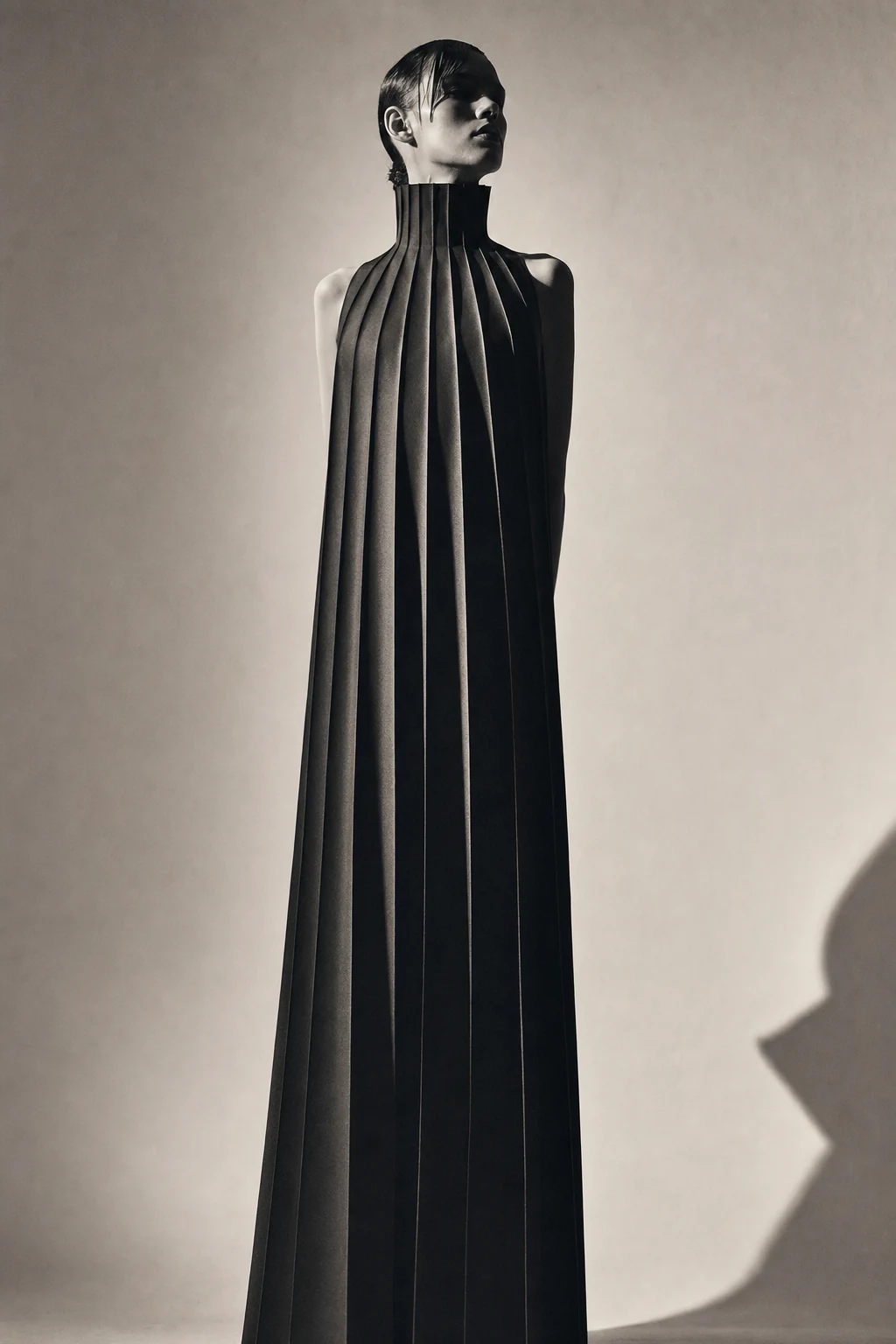 Look VI — a rigid knife-pleated column dress of black duchesse satin catching hard light along each pleat.